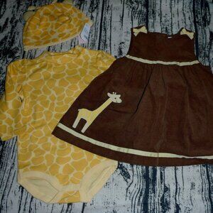 GYMBOREE Baby Giraffe 6-12 Month Dress Bodysuit Hat Outfit NWT